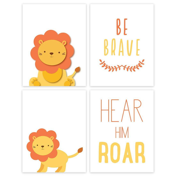 Nursery Room Wall Art, Lion Theme, Be Brave, Hear Him Roar-Set of 4-Andaz Press-