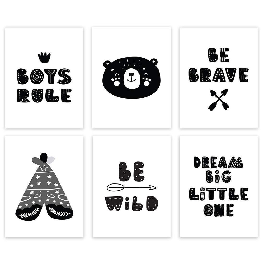 Nursery Room Wall Art, Minimalist Scandinavian Black White, Boys Rule Be Wild Be Brave-Set of 6-Andaz Press-