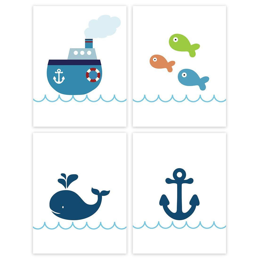 Nursery Room Wall Art, Nautical Ocean Theme, Boat, Anchor, Fish, Whale-Set of 4-Andaz Press-