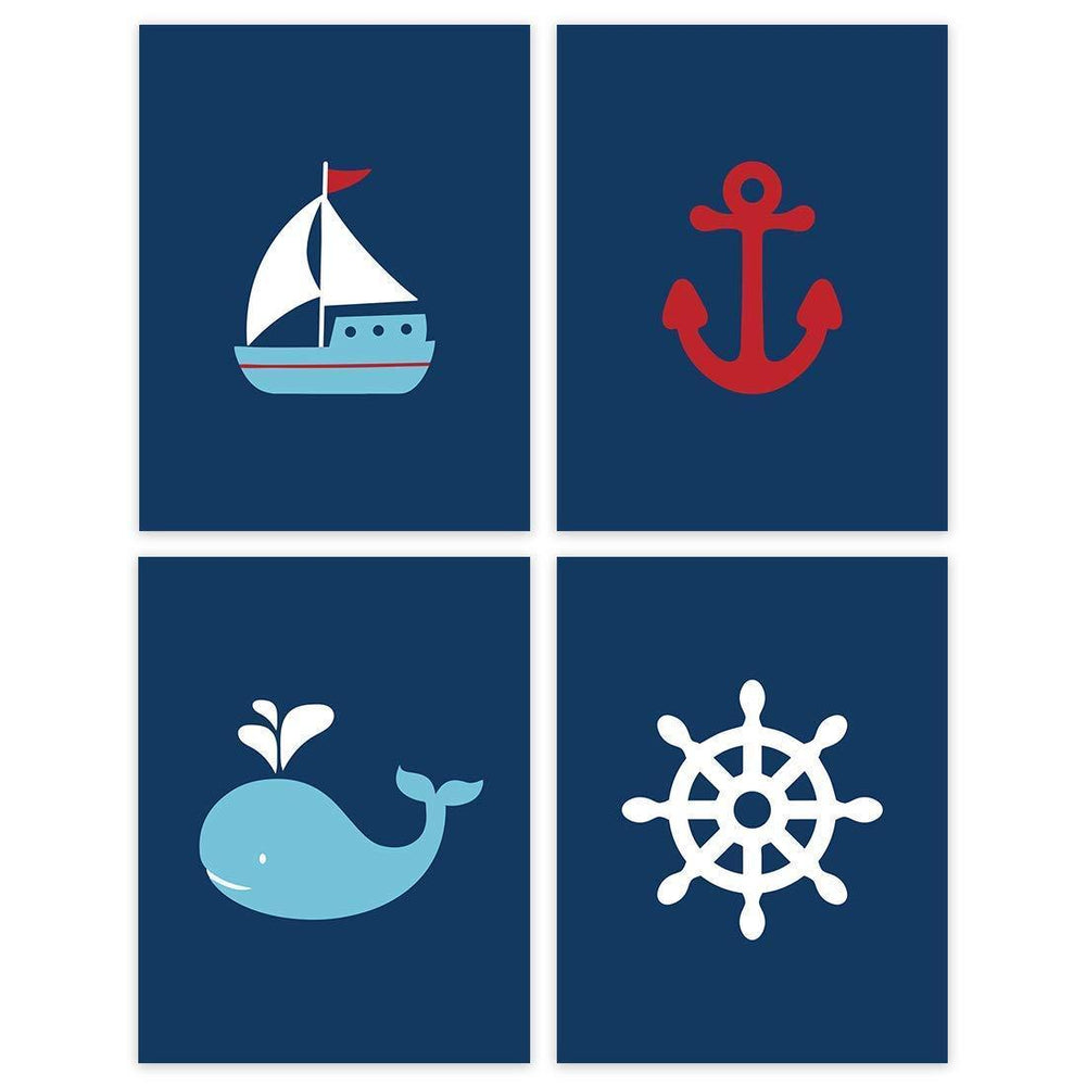 Nursery Room Wall Art, Nautical Ocean Theme, Boat, Anchor, Whale, Captain's Wheel-Set of 4-Andaz Press-