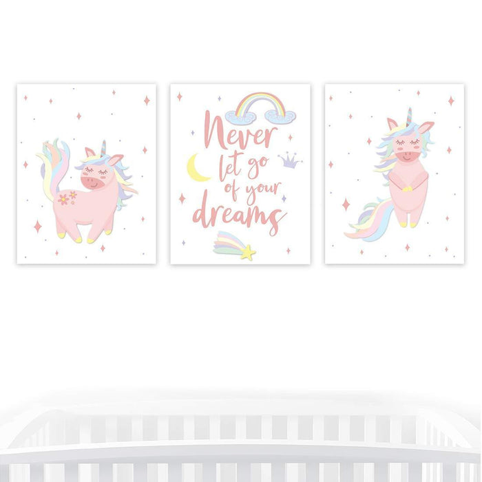Nursery Room Wall Art, Never Let Go of Your Dreams, Unicorn Graphic-Set of 3-Andaz Press-
