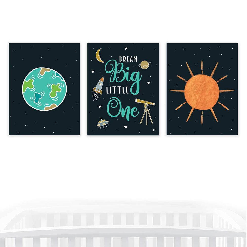 Nursery Room Wall Art, Outerspace Theme, Earth, Dream Big Little One, Sun Graphics-Set of 3-Andaz Press-