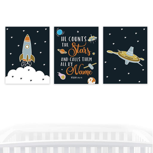 Nursery Room Wall Art, Outerspace Theme, Spaceship, He Counts The Stars, Sun Graphics-Set of 3-Andaz Press-