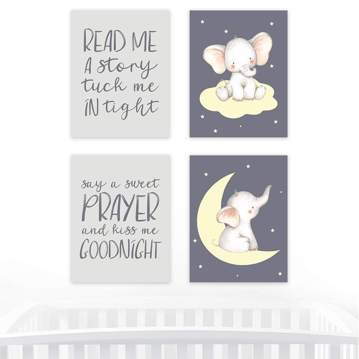 Nursery Room Wall Art, Read Me a Story Tuck Me in Tight Say a Sweet Prayer Kiss Me Goodnight, Elephant Moon-Set of 4-Andaz Press-
