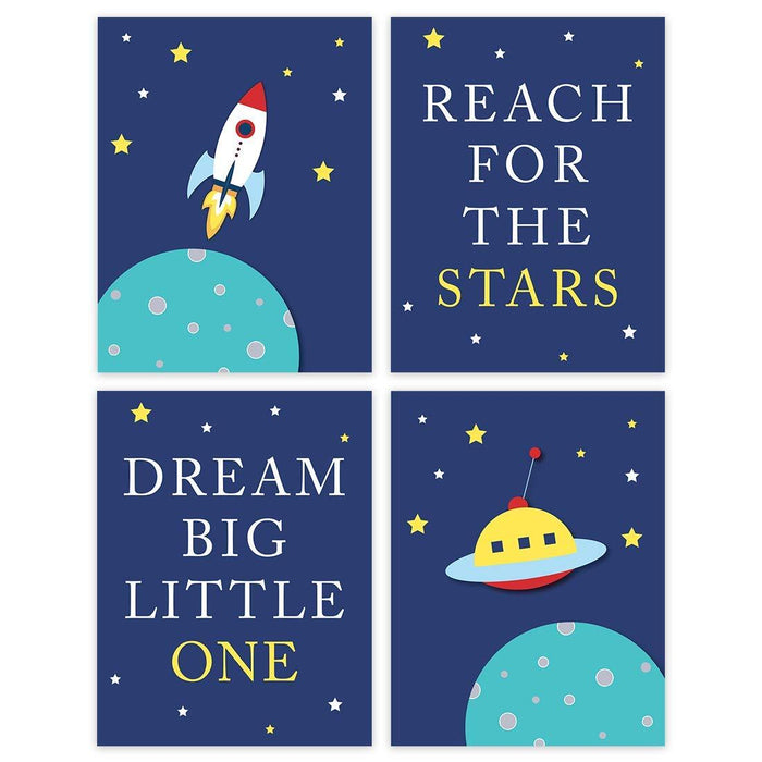 Nursery Room Wall Art, Rocket Ship UFO Galaxy Theme, Reach for The Stars, Dream Big Little One-Set of 4-Andaz Press-