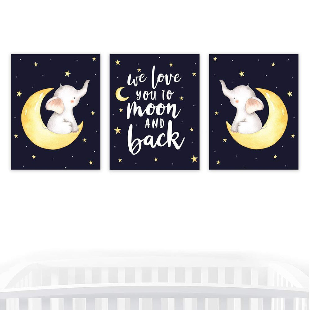 Nursery Room Wall Art, We Love You to The Moon and Back, Elephant Graphic-Set of 3-Andaz Press-