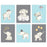 Nursery Twins Boys Room Wall Art, Watercolor Blue Baby Boy Elephants Stars Hat-Set of 6-Andaz Press-