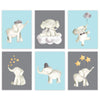 Nursery Twins Boys Room Wall Art, Watercolor Blue Baby Boy Elephants Stars Hat-Set of 6-Andaz Press-