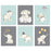 Nursery Twins Boys Room Wall Art, Watercolor Mint Green Baby Boy Elephants Stars Hat-Set of 6-Andaz Press-