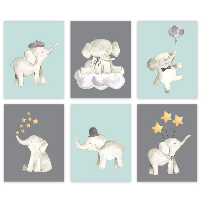 Nursery Twins Boys Room Wall Art, Watercolor Mint Green Baby Boy Elephants Stars Hat-Set of 6-Andaz Press-