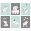 Nursery Twins Boys Room Wall Art, Watercolor Mint Green Baby Boy Elephants Stars Hat-Set of 6-Andaz Press-