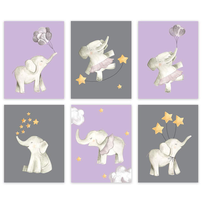 Nursery Twins Girls Room Wall Art, Watercolor Lavender Baby Girl Elephants Tutu Balloons Stars-Set of 6-Andaz Press-