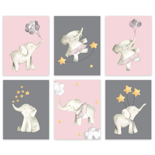 Nursery Twins Girls Room Wall Art, Watercolor Pink Baby Girl Elephants Tutu Balloons Stars-Set of 6-Andaz Press-