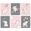 Nursery Twins Girls Room Wall Art, Watercolor Pink Baby Girl Elephants Tutu Balloons Stars-Set of 6-Andaz Press-