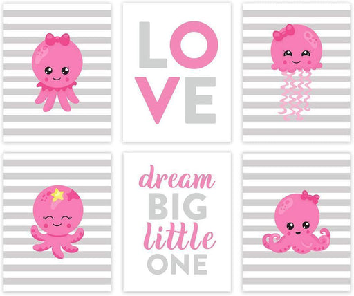 Ocean Nautical Theme Girls Nursery Hanging Wall Art, Gray Pink Octopus, Love, Dream Big Little One-Set of 6-Andaz Press-