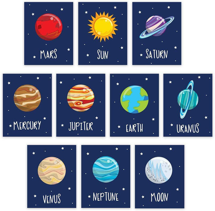 Outer Space Galaxy Planets Theme Nursery Hanging Wall Art, Sun, Moon, Earth, Mercury, Mars, Venus-Set of 10-Andaz Press-