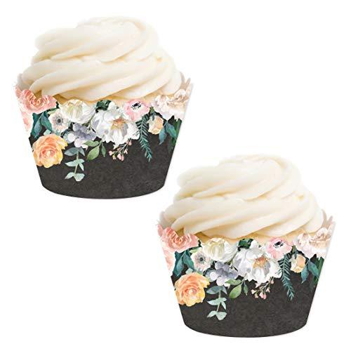 Peach Coral Floral Flowers Roses on Chalkboard Cupcake Wrappers-set of 24-Andaz Press-
