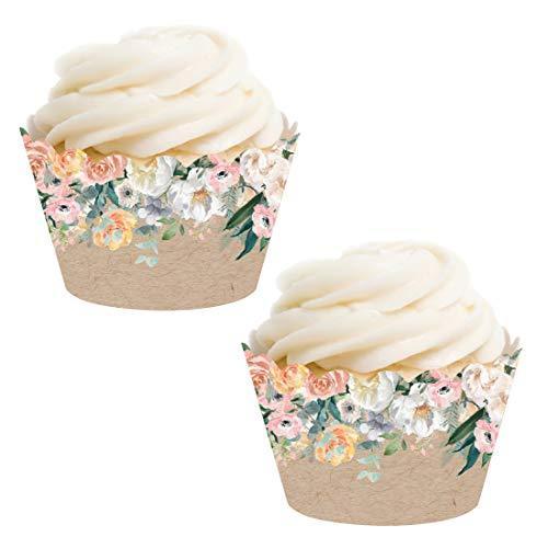 Peach Florals on Kraft Brown Cupcake Wrapper-set of 24-Andaz Press-