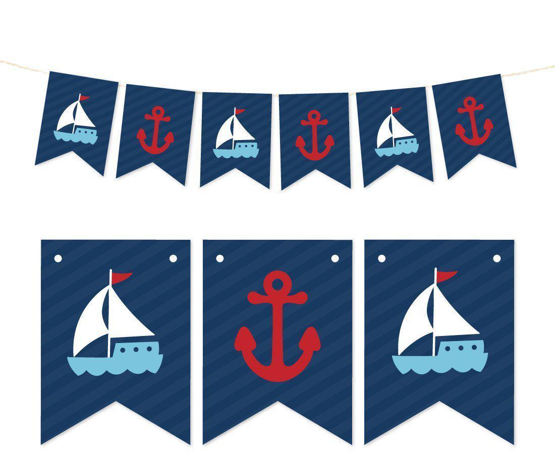 Pennant Party Banner Nautical Anchor and Sailboat, Blue | Andaz Press