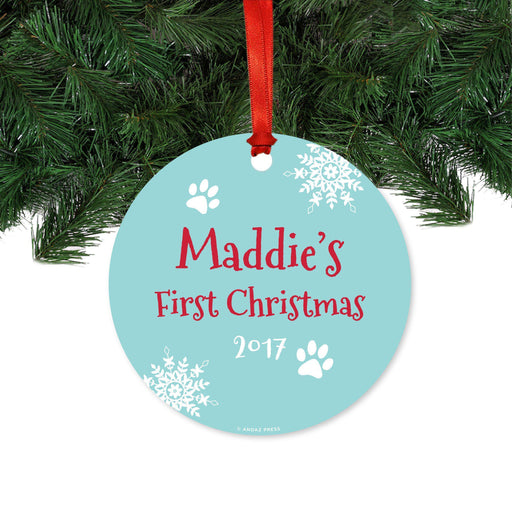 Personalized Aqua and Red Pet Animal Metal Christmas Ornament-Set of 1-Andaz Press-