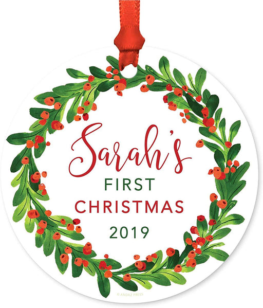 Personalized Baby 1st Christmas Metal Ornament, Custom Name, First Christmas, Custom Year, Red Green Holiday Wreath Name-Set of 1-Andaz Press-