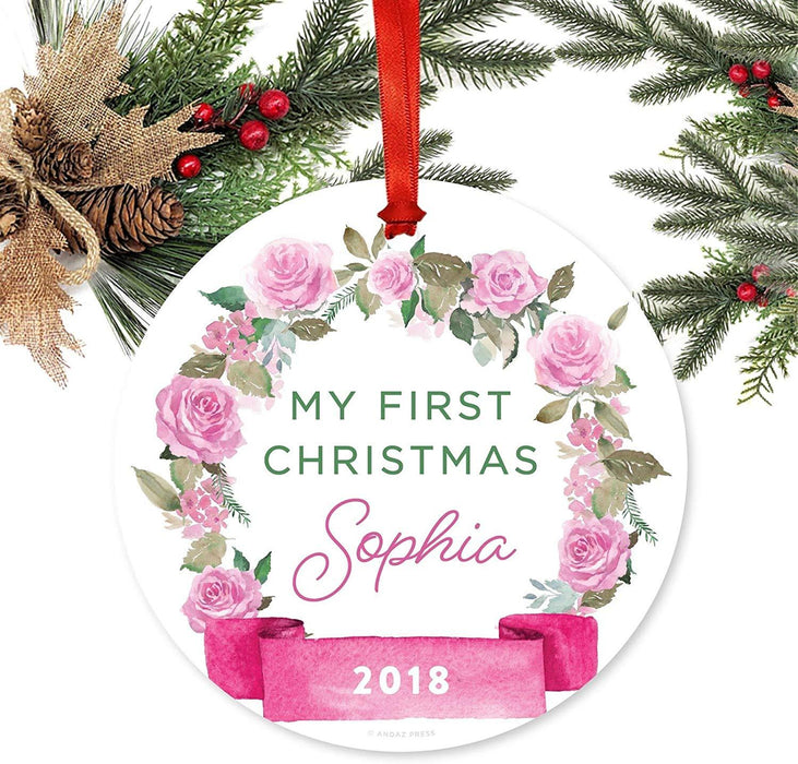 Personalized Baby 1st Christmas Metal Ornament, My First Christmas, Custom Name, Custom Year, Pink Flowers Banner-Set of 1-Andaz Press-