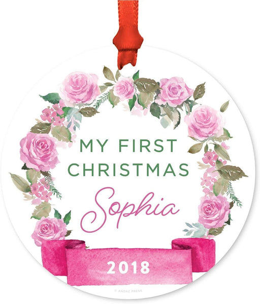 Personalized Baby 1st Christmas Metal Ornament, My First Christmas, Custom Name, Custom Year, Pink Flowers Banner-Set of 1-Andaz Press-