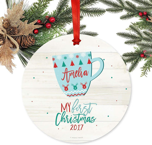 Personalized Baby 1st Christmas Metal Ornament My First Christmas Sophia Anne Xmas Fair Isle Hot Cocoa Mugs-Set of 1-Andaz Press-