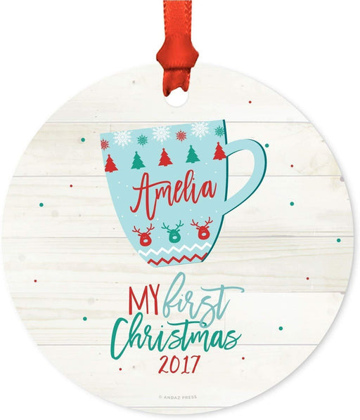 Personalized Baby 1st Christmas Metal Ornament My First Christmas Sophia Anne Xmas Fair Isle Hot Cocoa Mugs-Set of 1-Andaz Press-