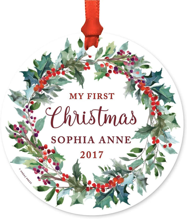 Personalized Baby Metal Christmas Ornament, My First Christmas, Custom Name, Custom Year, Red Holiday Wreath Name-Set of 1-Andaz Press-