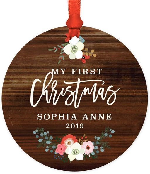 Personalized Baby's 1st Christmas Metal Ornament, My First Christmas, Custom Name, Custom Year, Rustic Wood Florals Name-Set of 1-Andaz Press-