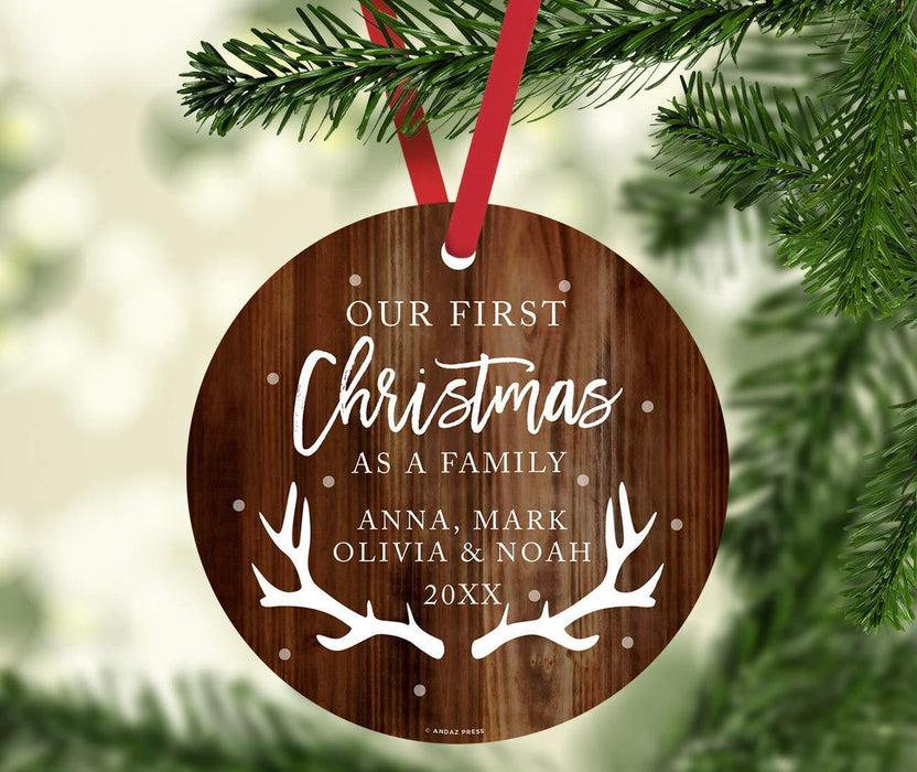 Personalized Blended Family Metal Christmas Ornament, Our First Christmas as a Family, Rustic Wood Name-Set of 1-Andaz Press-
