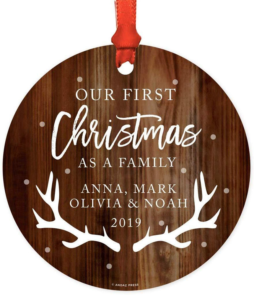 Personalized Blended Family Metal Christmas Ornament, Our First Christmas as a Family, Rustic Wood Name-Set of 1-Andaz Press-