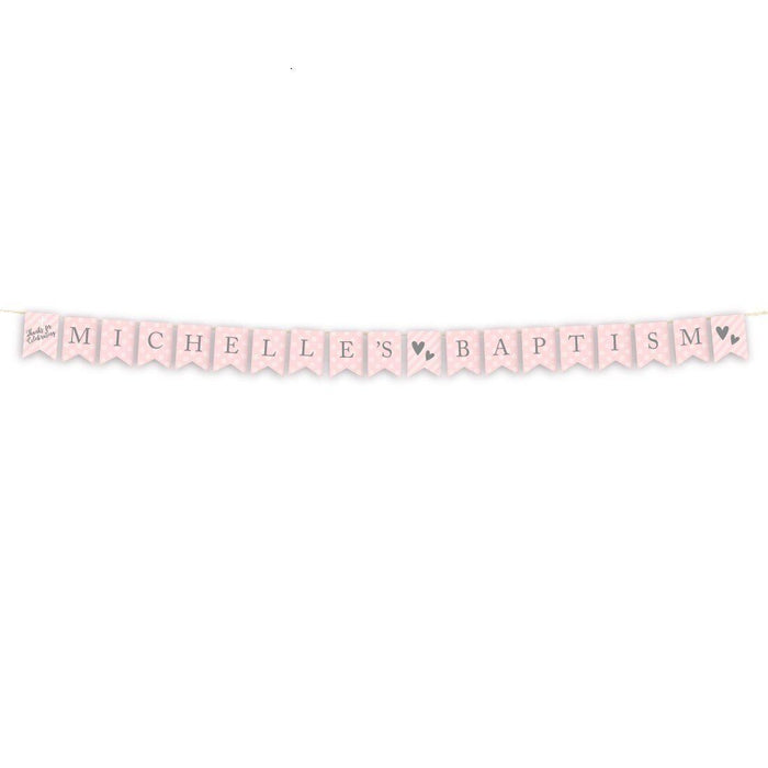 Personalized Blush Pink and Gray Baby Girl Baptism Hanging Pennant Banner with String, Thanks for Celebrating-set of 1-Andaz Press-