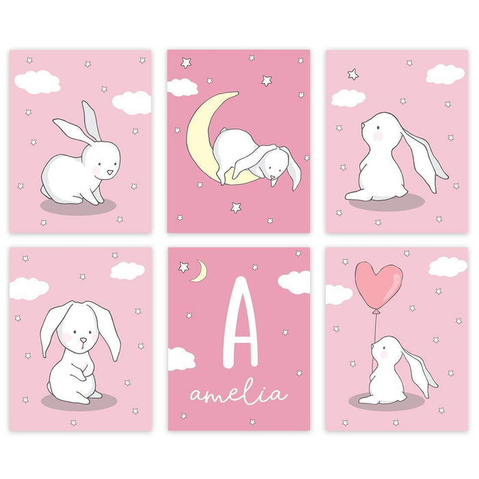 Personalized Bunny Rabbit Nursery Room Hanging Wall Art-Set of 6-Andaz Press-Mint Green-