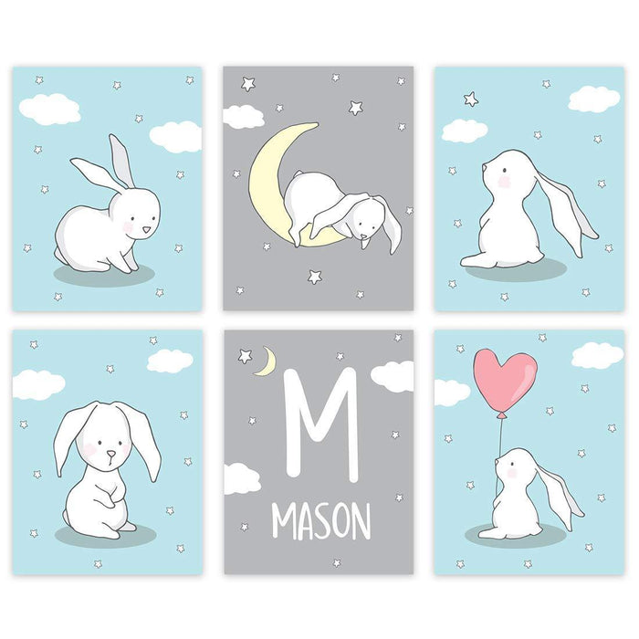 Personalized Bunny Rabbit Nursery Room Hanging Wall Art-Set of 6-Andaz Press-Baby Blue-