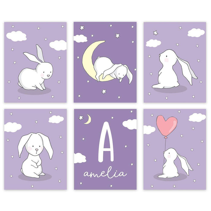 Personalized Bunny Rabbit Nursery Room Hanging Wall Art-Set of 6-Andaz Press-Lavender-