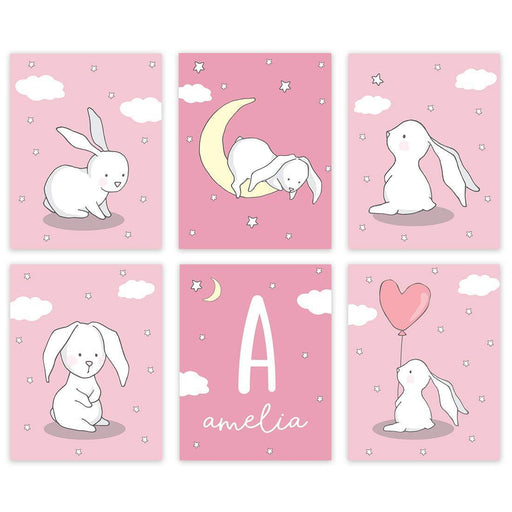 Personalized Bunny Rabbit Nursery Room Hanging Wall Art-Set of 6-Andaz Press-Pink-