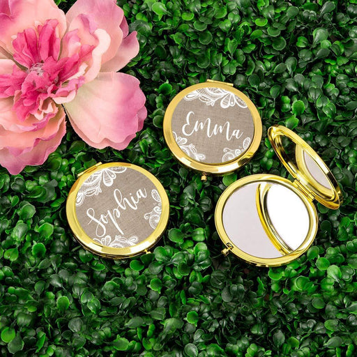 Personalized Burlap Lace Compact Mirror-Set of 1-Andaz Press-Gold Bridesmaid Custom-