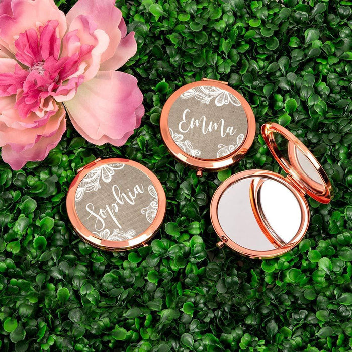 Personalized Burlap Lace Rose Gold Compact Mirror-Set of 1-Andaz Press-Rose Gold Bridesmaid Custom-