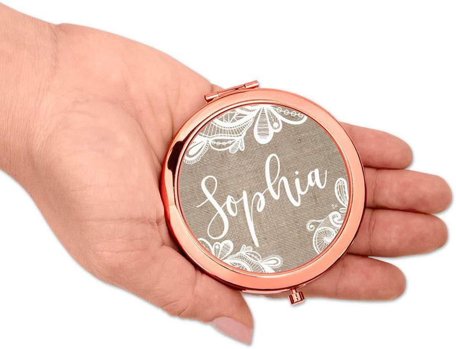 Personalized Burlap Lace Rose Gold Compact Mirror-Set of 1-Andaz Press-Rose Gold Bridesmaid Custom-