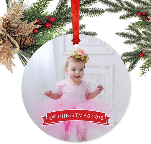 Personalized Christmas Ornament, Red Banner, 2nd Christmas, Custom Year & Photo-Set of 1-Andaz Press-