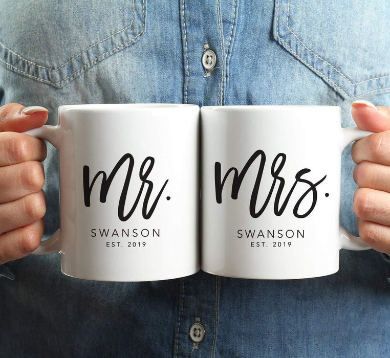 Personalized Coffee Mugs Gift Set Mr. Mrs. Johnson Est. Script Style-Set of 2-Andaz Press-