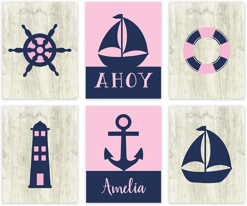 Personalized Girls Nautical Theme Nursery Hanging Wall Art, Pink Navy Blue, Ahoy, Boat-Set of 6-Andaz Press-