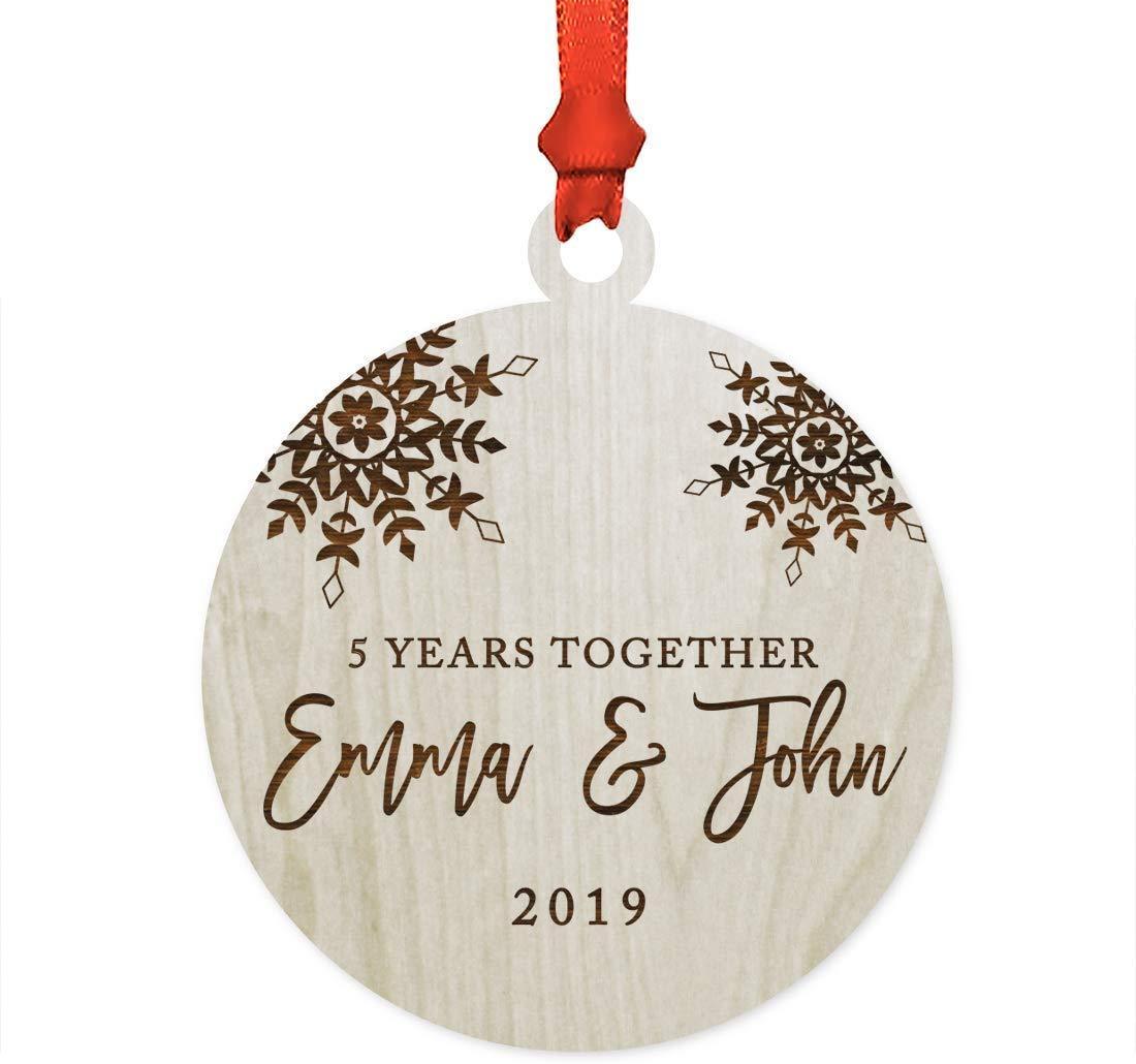 Personalized Laser Engraved Wood Christmas Ornament 5 Years Together Custom Name Snowflakes-Set of 1-Andaz Press-