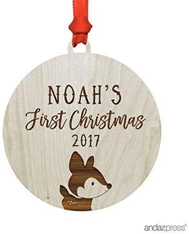 Personalized Laser Engraved Wood Christmas Ornament Babys First Christmas Custom Name Woodland Deer-Set of 1-Andaz Press-