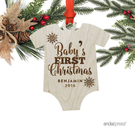 Personalized Laser Engraved Wood Christmas Ornament, Baby's First Christmas Onesie Shape, Custom Name-Set of 1-Andaz Press-