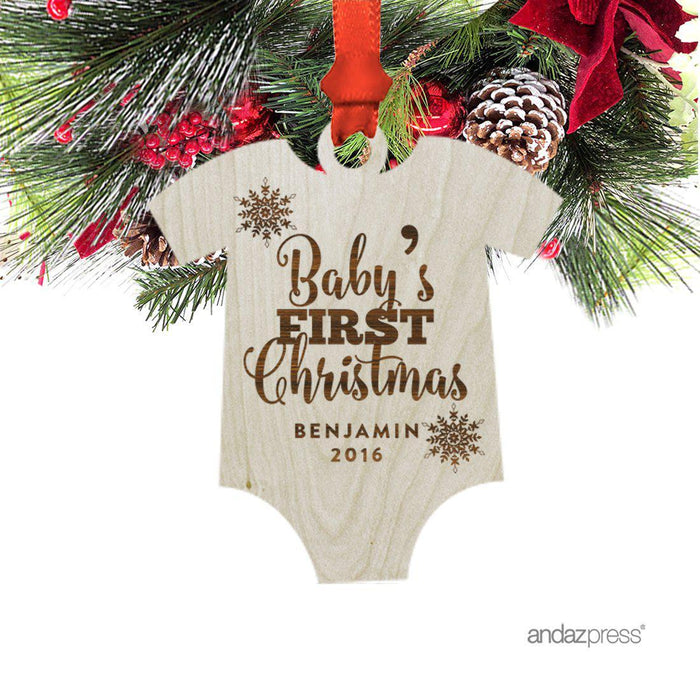 Personalized Laser Engraved Wood Christmas Ornament, Baby's First Christmas Onesie Shape, Custom Name-Set of 1-Andaz Press-