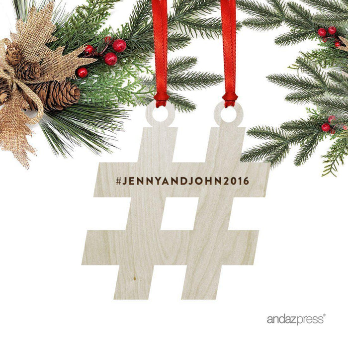 Personalized Laser Engraved Wood Christmas Ornament, Bride and Groom, Hashtag Shape, Custom Name-Set of 1-Andaz Press-