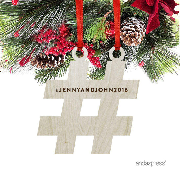Personalized Laser Engraved Wood Christmas Ornament, Bride and Groom, Hashtag Shape, Custom Name-Set of 1-Andaz Press-